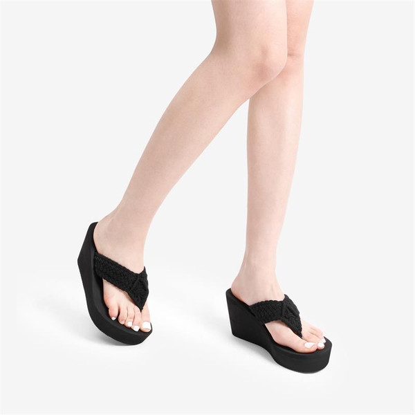 Woven Strap Platform Wedge Flip Flops - BLACK - 1